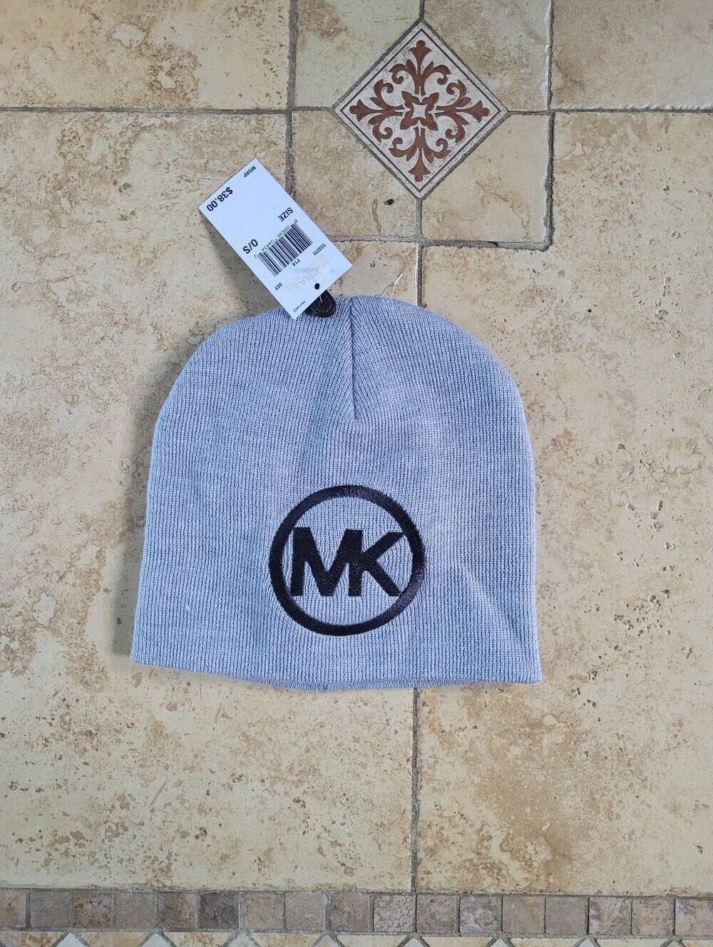 Michael Kors Light Gray Knit Beanie with Black MK Logo